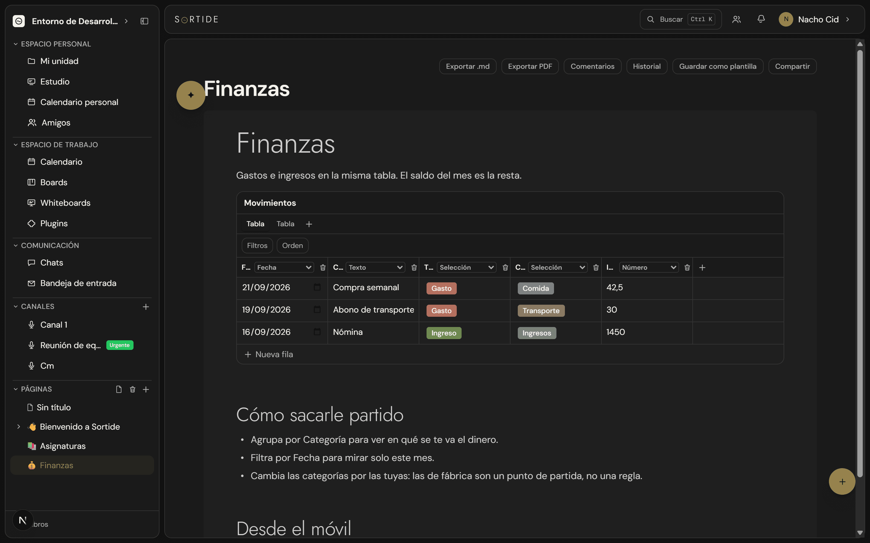 Una página de Tylode con texto y una base de datos embebida